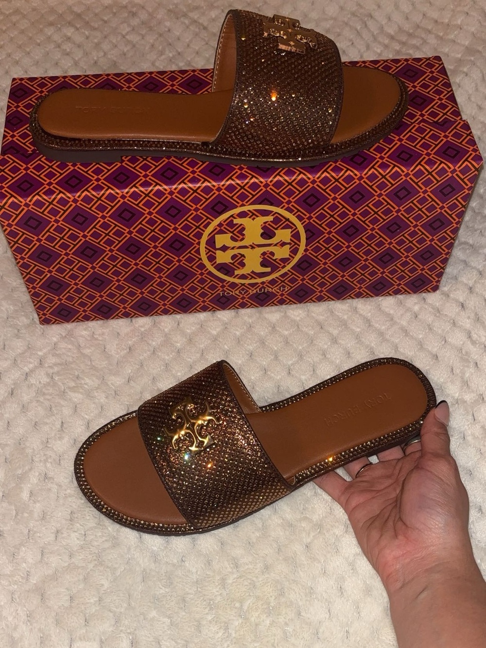 Tory Burch Brown Metallic Logo Slide Sandals